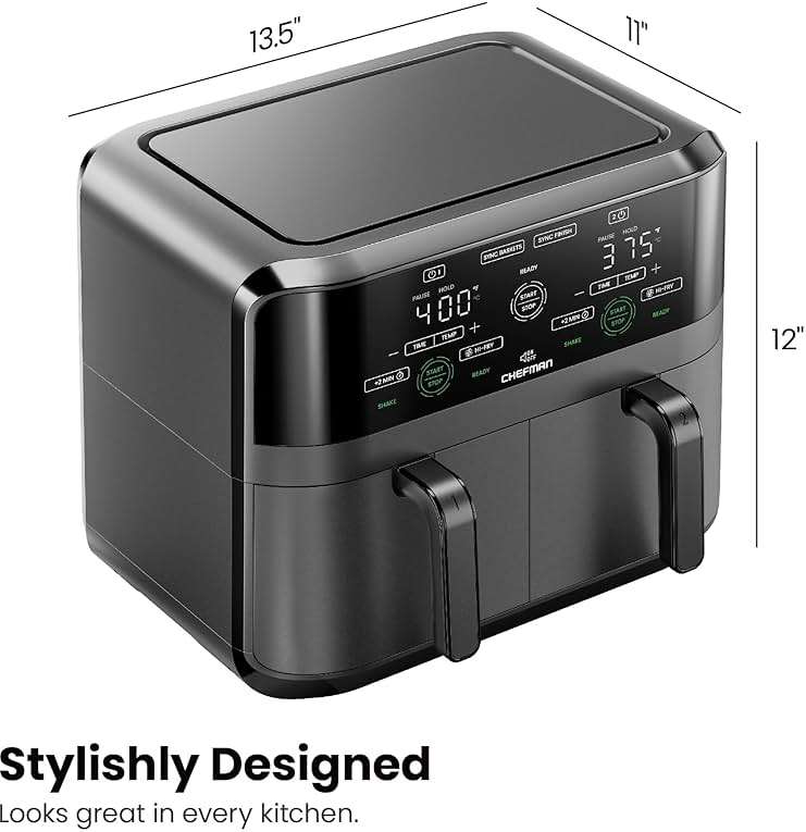 Chefman 6 Quart Dual Basket Air Fryer - Digital Touchscreen, Smart Sync Finish, Hi-Fry, Auto Shutoff, 2 Independent 3QT Nonstick Dishwasher-Safe Frying Baskets - Digital Double Air Fryer - Black - Image 2