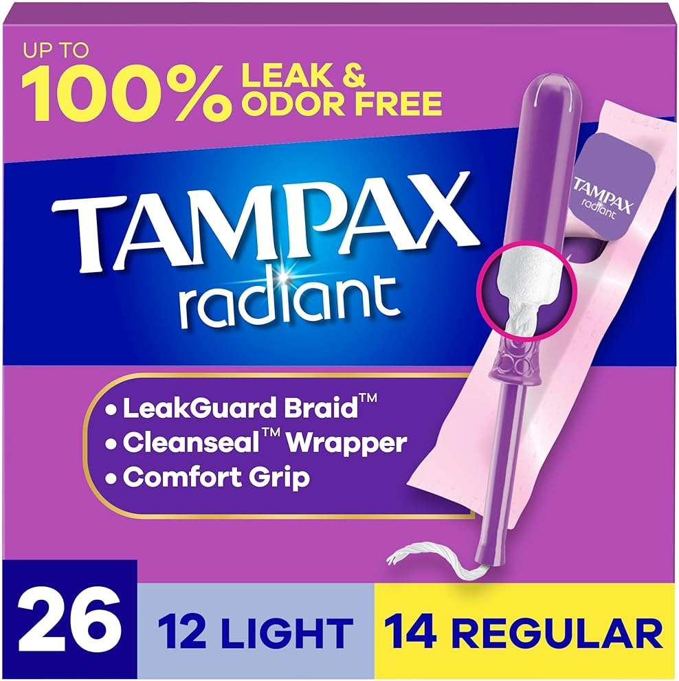 Tampax Radiant Tampons Multipack, with LeakGuard Braid, Light/Regular Absorbency, Unscented, 26 Count, Packaging May Vary - Image 1