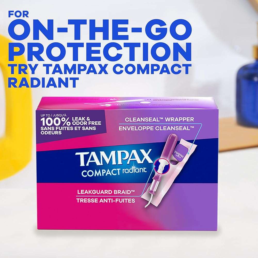 Tampax Radiant Tampons Multipack, with LeakGuard Braid, Light/Regular Absorbency, Unscented, 26 Count, Packaging May Vary - Image 11