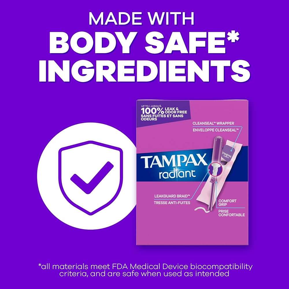 Tampax Radiant Tampons Multipack, with LeakGuard Braid, Light/Regular Absorbency, Unscented, 26 Count, Packaging May Vary - Image 12