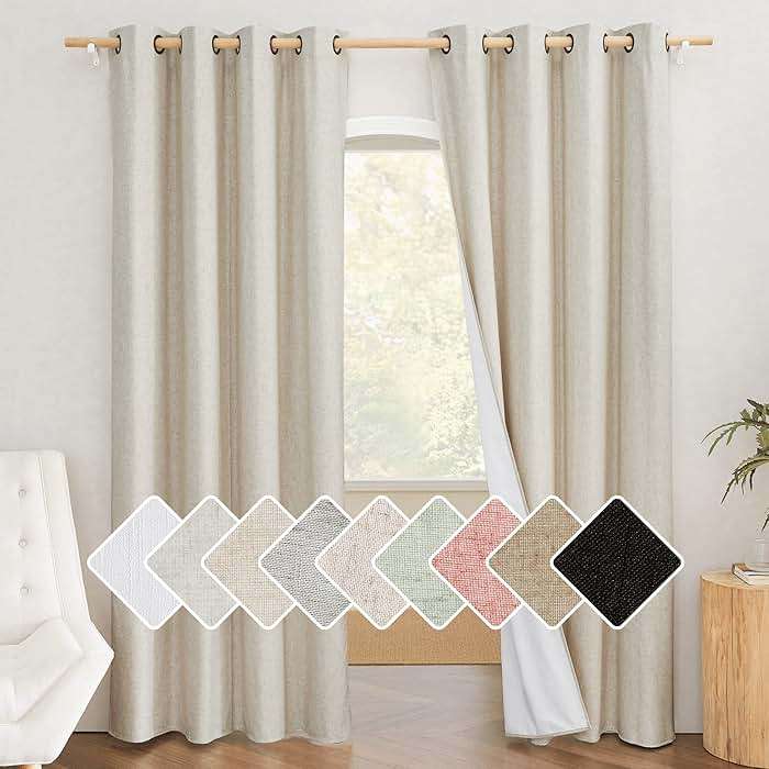 NICETOWN Natural 100% Blackout Linen Curtains 84 inch Long Burg for Living Room, 2 Panels, 52" Wide, Farmhouse Thick Completely Blackout Window Treatment Thermal Insulated Warm Drapes for Winter - Image 1