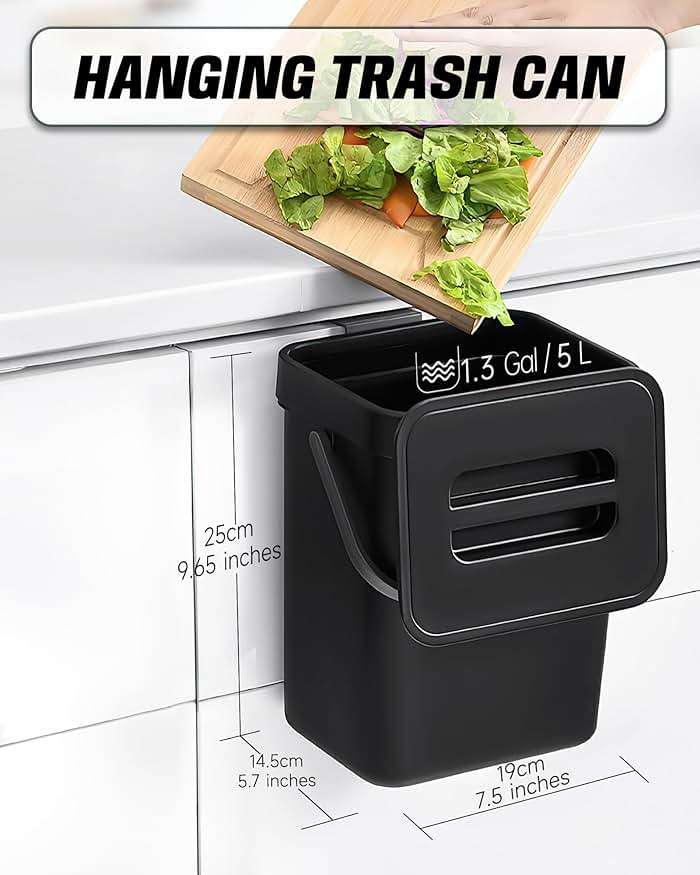 MONGTINGLU Countertop Compost Bin - 1.3 Gallons Hanging Small Trash Can with Lid for Kitchen Bathroom, Under Sink Kitchen Trash Can, Indoor Counter Compost Bucket with Lid, 5L(Black) - Image 3