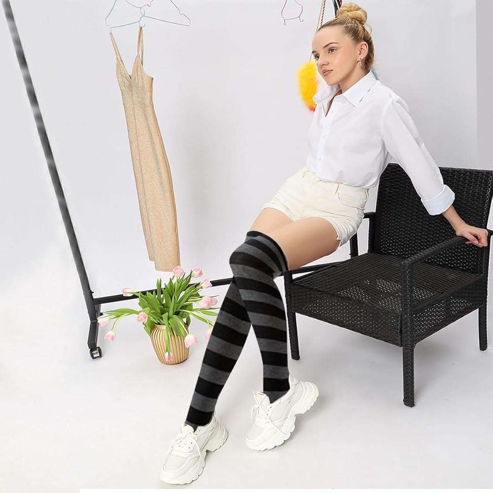 Petunny Striped Over Knee High Socks,Womens Long Striped Socks Extra Long Cotton Stripe Thigh for Halloween Party Costumes - Image 4