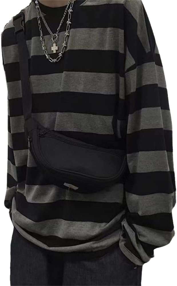 Men's Round Neck Striped Long Sleeve T-Shirt Emo Punk American Harajuku Street Loose Bottoming Shirt Couple Outfit - Image 1