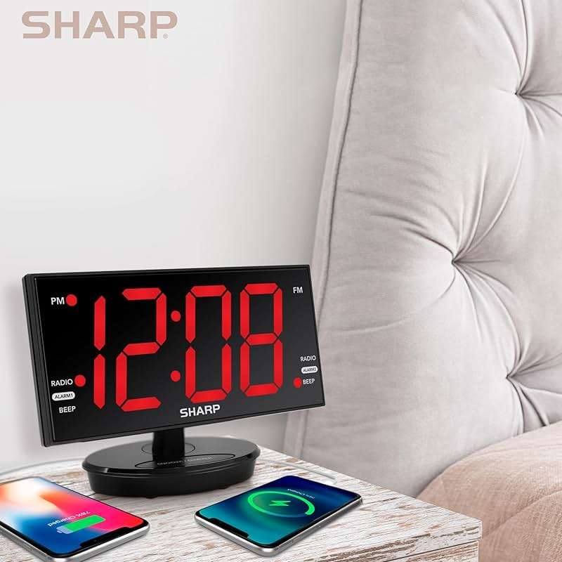 Sharp Digital Alarm Clock, 8.9" Extra Large LED Clock with Tilt and Swivel Display, AccuSet Automatically Sets the Time, Dual USB Charger Ports, FM Radio, 3 Level Adjustable Dimmer Brightness - Image 2