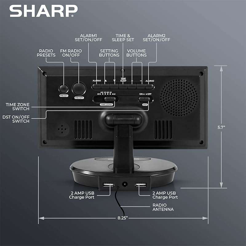 Sharp Digital Alarm Clock, 8.9" Extra Large LED Clock with Tilt and Swivel Display, AccuSet Automatically Sets the Time, Dual USB Charger Ports, FM Radio, 3 Level Adjustable Dimmer Brightness - Image 3