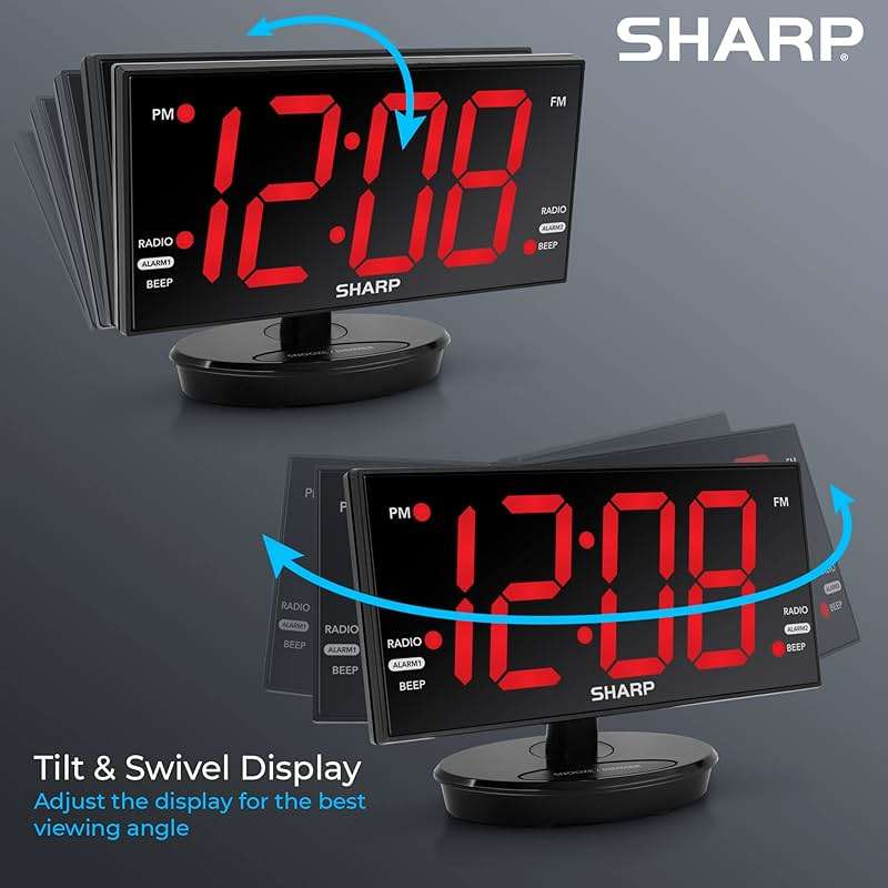 Sharp Digital Alarm Clock, 8.9" Extra Large LED Clock with Tilt and Swivel Display, AccuSet Automatically Sets the Time, Dual USB Charger Ports, FM Radio, 3 Level Adjustable Dimmer Brightness - Image 4