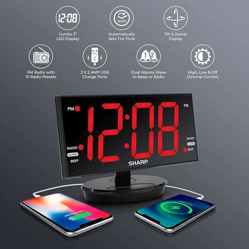 Sharp Digital Alarm Clock, 8.9" Extra Large LED Clock with Tilt and Swivel Display, AccuSet Automatically Sets the Time, Dual USB Charger Ports, FM Radio, 3 Level Adjustable Dimmer Brightness - Image 5