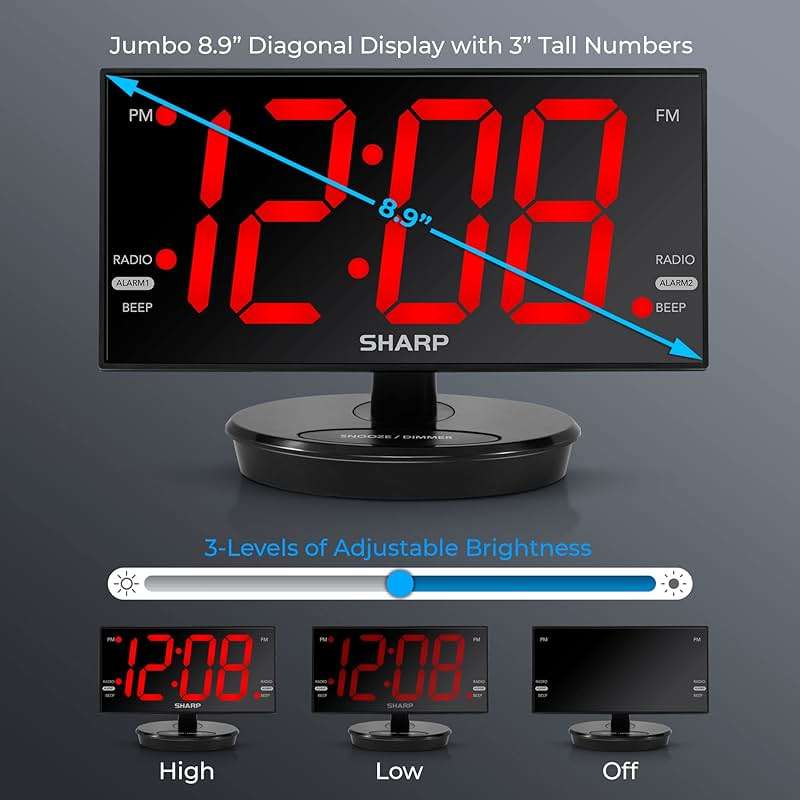 Sharp Digital Alarm Clock, 8.9" Extra Large LED Clock with Tilt and Swivel Display, AccuSet Automatically Sets the Time, Dual USB Charger Ports, FM Radio, 3 Level Adjustable Dimmer Brightness - Image 6