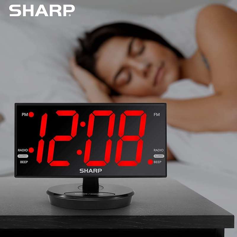 Sharp Digital Alarm Clock, 8.9" Extra Large LED Clock with Tilt and Swivel Display, AccuSet Automatically Sets the Time, Dual USB Charger Ports, FM Radio, 3 Level Adjustable Dimmer Brightness - Image 7