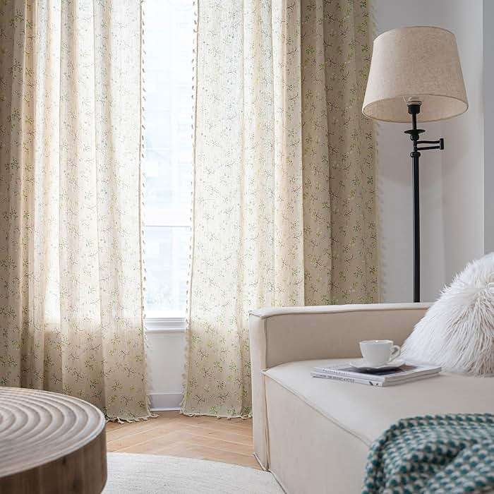 ENJOYBRIDAL Floral Bedroom Curtains 84 Inch Length 2 Panels Set Farmhouse Semi Sheer Living Room Drapes Cottagecore Boho Window Curtain Panels with Tassel Beige Rod Pocket Drapes - Image 2