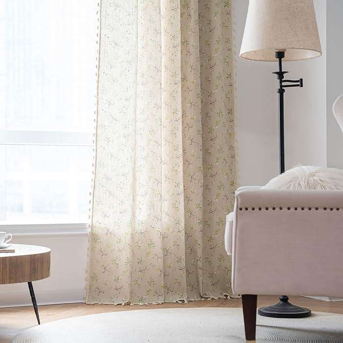 ENJOYBRIDAL Floral Bedroom Curtains 84 Inch Length 2 Panels Set Farmhouse Semi Sheer Living Room Drapes Cottagecore Boho Window Curtain Panels with Tassel Beige Rod Pocket Drapes - Image 8