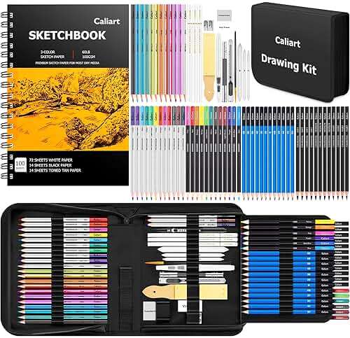 Caliart 176PCS Art Supplies Sketching Kit with 100 Sheets 3-Color Sketch Book, Graphite Colored Charcoal Watercolor & Metallic Pencils, Drawing Set Gifts for Adults Teens Girls Boys Kids - Image 1