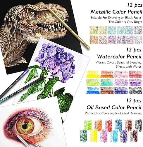 Caliart 176PCS Art Supplies Sketching Kit with 100 Sheets 3-Color Sketch Book, Graphite Colored Charcoal Watercolor & Metallic Pencils, Drawing Set Gifts for Adults Teens Girls Boys Kids - Image 3