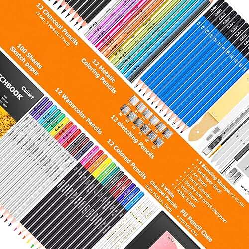 Caliart 176PCS Art Supplies Sketching Kit with 100 Sheets 3-Color Sketch Book, Graphite Colored Charcoal Watercolor & Metallic Pencils, Drawing Set Gifts for Adults Teens Girls Boys Kids - Image 6