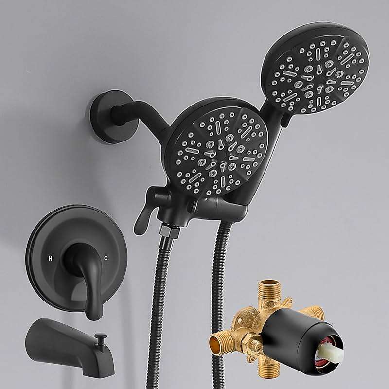 FROPO Black Shower Faucet Set with Tub Spout - Tub and Shower Faucet Combo| Dual 2 in 1 Shower System with Handheld Showerhead 3-way Water Diverter Shower Trim Kit(Pressure Balancing Valve Included) - Image 1