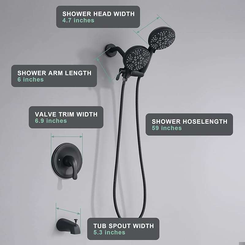 FROPO Black Shower Faucet Set with Tub Spout - Tub and Shower Faucet Combo| Dual 2 in 1 Shower System with Handheld Showerhead 3-way Water Diverter Shower Trim Kit(Pressure Balancing Valve Included) - Image 9