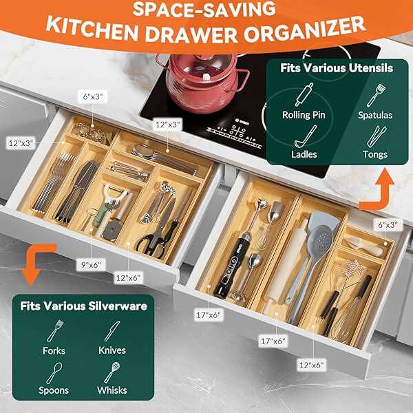 Lixple Bamboo Kitchen Drawer Organizer, Stackable Utensil Holder Silverware Organizer Cutlery Tray - 2PCS Organizer Bins for Makeup Jewelries Flatware in Bathroom, Office Desk, Cabinets, 15x6x2 inch - Image 3