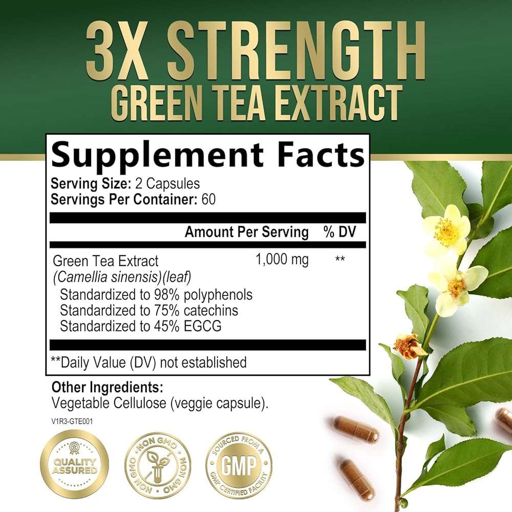 Green Tea Extract 1000mg Per Serving - Standardized 45% EGCG & 98% Polyphenols - 3X Strength Green Tea Pills for Energy, Supports Heart Health, Herbal Supplement, Vegan, Bottled in USA - 120 Capsules - Image 2