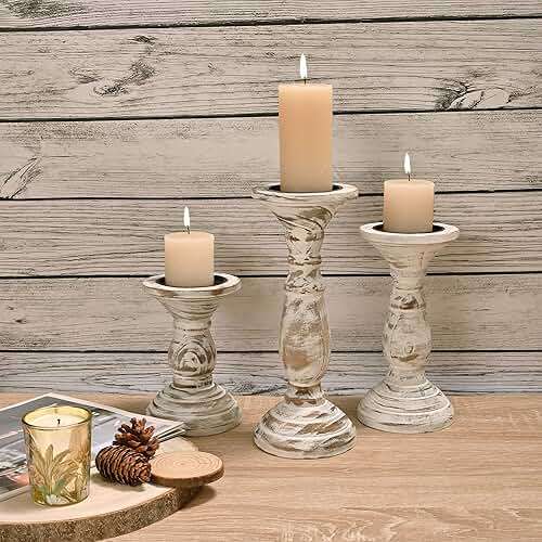 Yorkmills Pillar Candle Holder Set of 3, Farmhouse Decor Living Room Tall Candle Holders for Pillar Candles, Wood Candle Holders for Table Centerpieces White Home Decor Kitchen Dining Room Table Decor - Image 1