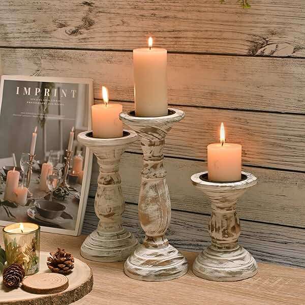 Yorkmills Pillar Candle Holder Set of 3, Farmhouse Decor Living Room Tall Candle Holders for Pillar Candles, Wood Candle Holders for Table Centerpieces White Home Decor Kitchen Dining Room Table Decor - Image 3