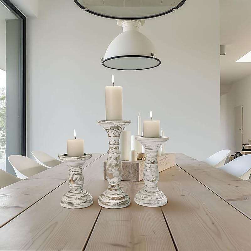 Yorkmills Pillar Candle Holder Set of 3, Farmhouse Decor Living Room Tall Candle Holders for Pillar Candles, Wood Candle Holders for Table Centerpieces White Home Decor Kitchen Dining Room Table Decor - Image 5