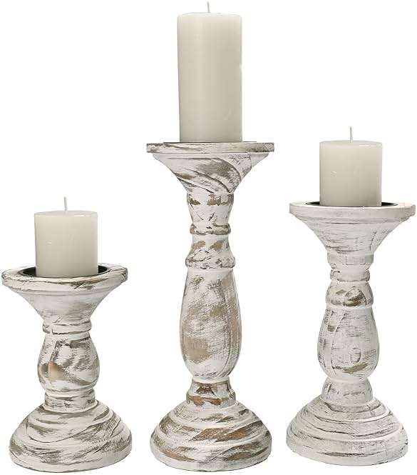 Yorkmills Pillar Candle Holder Set of 3, Farmhouse Decor Living Room Tall Candle Holders for Pillar Candles, Wood Candle Holders for Table Centerpieces White Home Decor Kitchen Dining Room Table Decor - Image 7