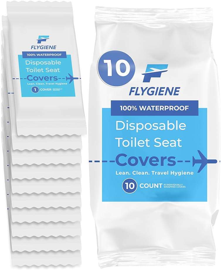 Flygiene Disposable Toilet Seat Covers for Travel – Waterproof, Tear-Resistant XL Toilet Liners with 2 Layers of Protection – Individually Wrapped Travel Size Toiletries - 10 Count (1 Pack of 10) - Image 1