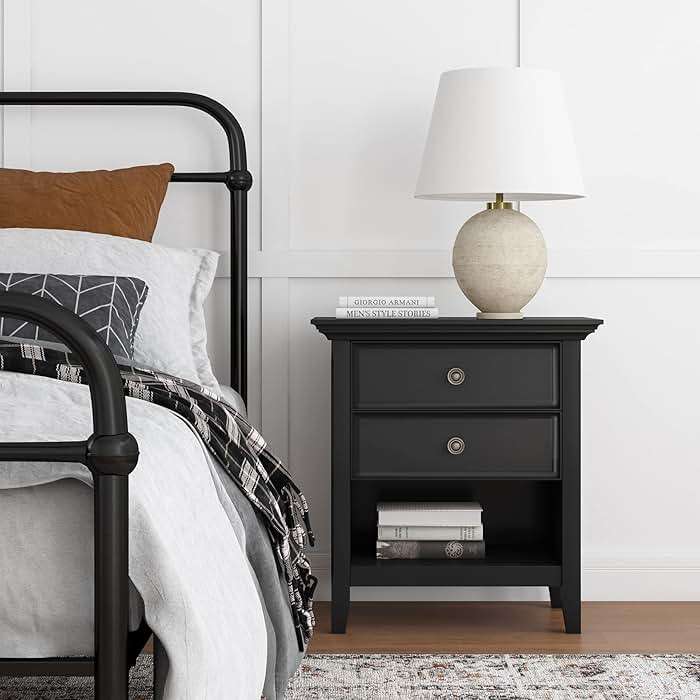 SIMPLIHOME Amherst Bedside Table - 24 inch Wide Solid Wood Nightstand Table in Black, Transitional Bedroom Side or End Table with 2 Drawers, Open Storage Shelf and Bronze Hardware - Image 2