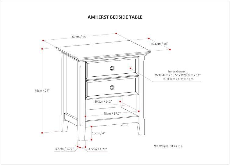 SIMPLIHOME Amherst Bedside Table - 24 inch Wide Solid Wood Nightstand Table in Black, Transitional Bedroom Side or End Table with 2 Drawers, Open Storage Shelf and Bronze Hardware - Image 3