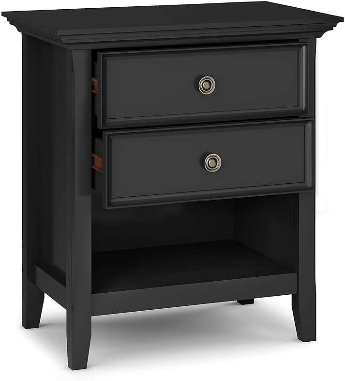 SIMPLIHOME Amherst Bedside Table - 24 inch Wide Solid Wood Nightstand Table in Black, Transitional Bedroom Side or End Table with 2 Drawers, Open Storage Shelf and Bronze Hardware - Image 4