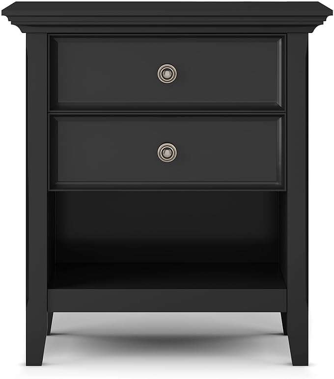 SIMPLIHOME Amherst Bedside Table - 24 inch Wide Solid Wood Nightstand Table in Black, Transitional Bedroom Side or End Table with 2 Drawers, Open Storage Shelf and Bronze Hardware - Image 5