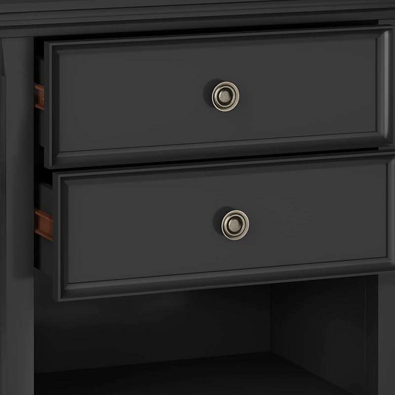 SIMPLIHOME Amherst Bedside Table - 24 inch Wide Solid Wood Nightstand Table in Black, Transitional Bedroom Side or End Table with 2 Drawers, Open Storage Shelf and Bronze Hardware - Image 8