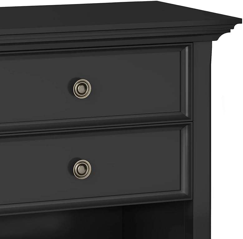 SIMPLIHOME Amherst Bedside Table - 24 inch Wide Solid Wood Nightstand Table in Black, Transitional Bedroom Side or End Table with 2 Drawers, Open Storage Shelf and Bronze Hardware - Image 10
