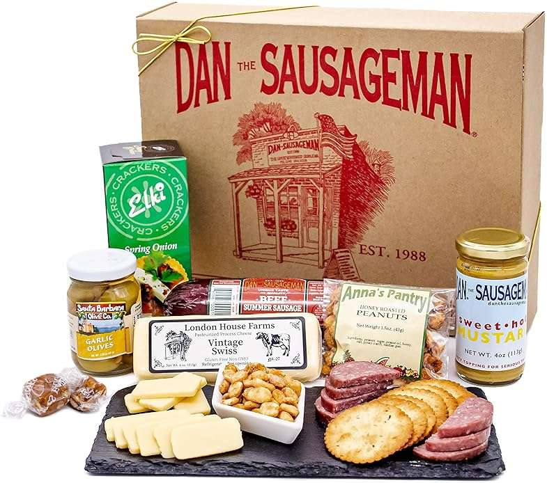 Dan the Sausageman Juneau Gourmet 8 items Gift Basket - Original Summer Sausage, Wisconsin Cheese, Mustard, Craker, Olives, Nuts and Candy | Gift Snack Box - Image 1