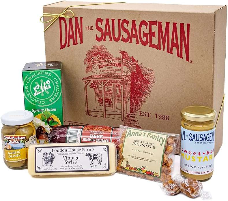 Dan the Sausageman Juneau Gourmet 8 items Gift Basket - Original Summer Sausage, Wisconsin Cheese, Mustard, Craker, Olives, Nuts and Candy | Gift Snack Box - Image 2