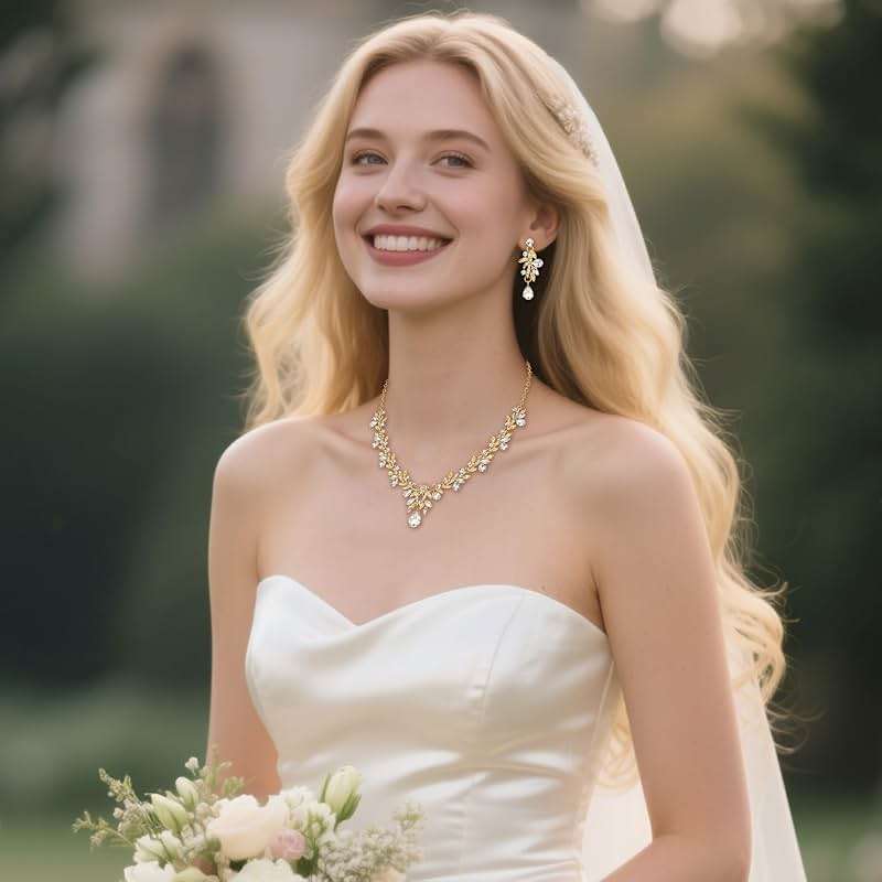 BriLove Women's Wedding Jewelery Set Leaf Flower Crystal Teardrop Marquise Cluster Pendant Necklace Dangle Earrings for Bridal Party - Image 2