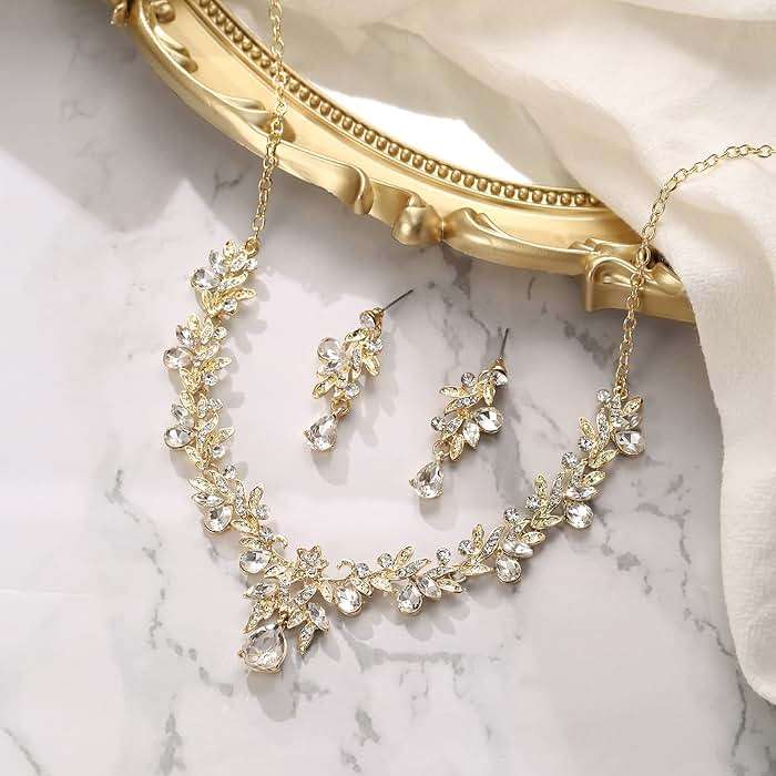 BriLove Women's Wedding Jewelery Set Leaf Flower Crystal Teardrop Marquise Cluster Pendant Necklace Dangle Earrings for Bridal Party - Image 4