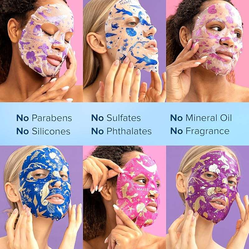 MAREE Collagen Facial Mask with Hyaluronic Acid — Sheet Face Mask Skincare — Centella Asiatica, Green & Red Algae Extract — Hydrating Facemask For Women Skin Care — Mascarillas Para La Cara — 6 Count - Image 7