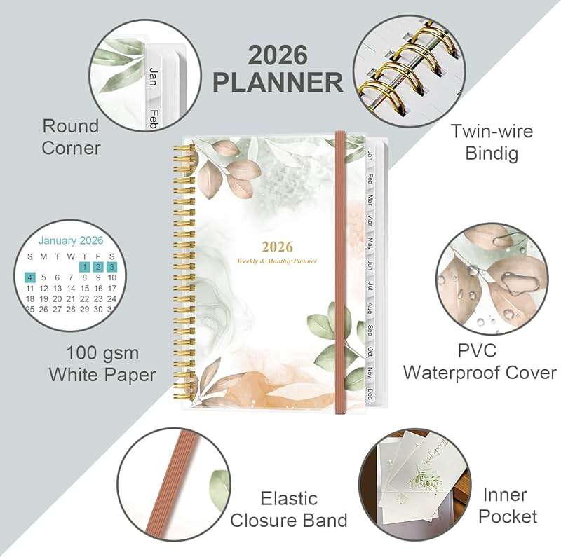 2026 Planner - A5 Weekly & Monthly Planner Spiral Bound, January 2026 - December 2026, with Flexible Cover, Tabs, Inner Pocket, 6.4" x 8.5", Rose Leaf - Image 3