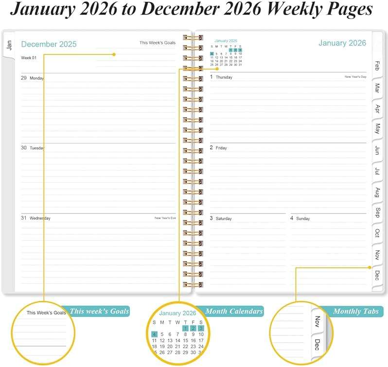 2026 Planner - A5 Weekly & Monthly Planner Spiral Bound, January 2026 - December 2026, with Flexible Cover, Tabs, Inner Pocket, 6.4" x 8.5", Rose Leaf - Image 4