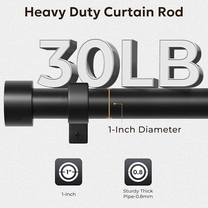 Zeerobee Curtain Rods for Windows 48 to 84, Black Curtain Rod, Adjustable 1 Inch Heavy Duty Outdoor/Indoor Modern Drapery Pole, 32"-86" - Image 3