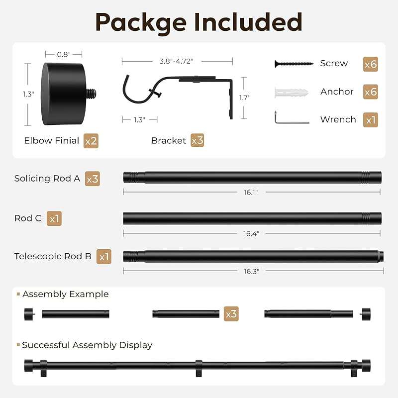 Zeerobee Curtain Rods for Windows 48 to 84, Black Curtain Rod, Adjustable 1 Inch Heavy Duty Outdoor/Indoor Modern Drapery Pole, 32"-86" - Image 5