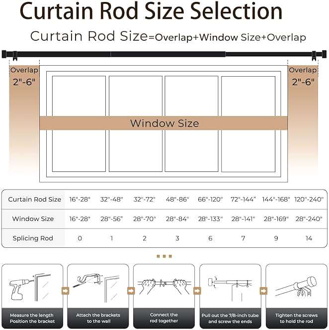 Zeerobee Curtain Rods for Windows 48 to 84, Black Curtain Rod, Adjustable 1 Inch Heavy Duty Outdoor/Indoor Modern Drapery Pole, 32"-86" - Image 6