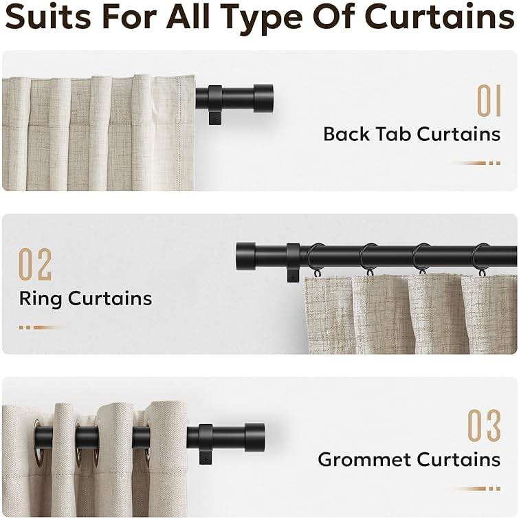 Zeerobee Curtain Rods for Windows 48 to 84, Black Curtain Rod, Adjustable 1 Inch Heavy Duty Outdoor/Indoor Modern Drapery Pole, 32"-86" - Image 7