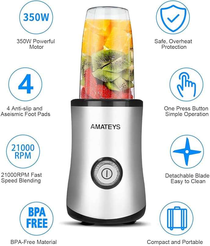 Amateys Personal Blender with Button,350W Professional Kitchen Blender for Smoothies and Shakes,Portable Smoothie Maker Mixer,Easy Cleaning&Operation,Suitable for Carrying or Storage - Image 5