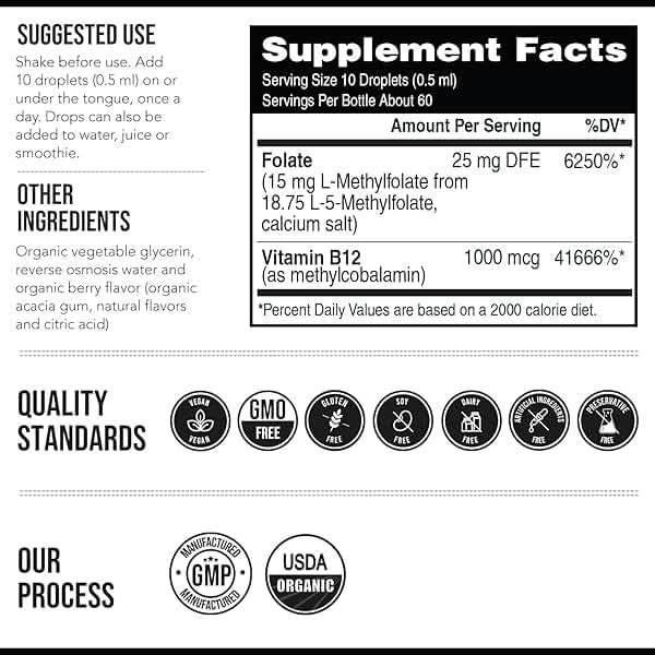 L Methyl Folate 15mg Plus Methyl B12 Cofactor – Organic Berry Flavor, High Potency Liquid Sublingual Active 5-MTHF Form - Supports Mood, Methylation, Cognition – Bioactive Forms Vitamin B9 & B12 (1oz) - Image 6
