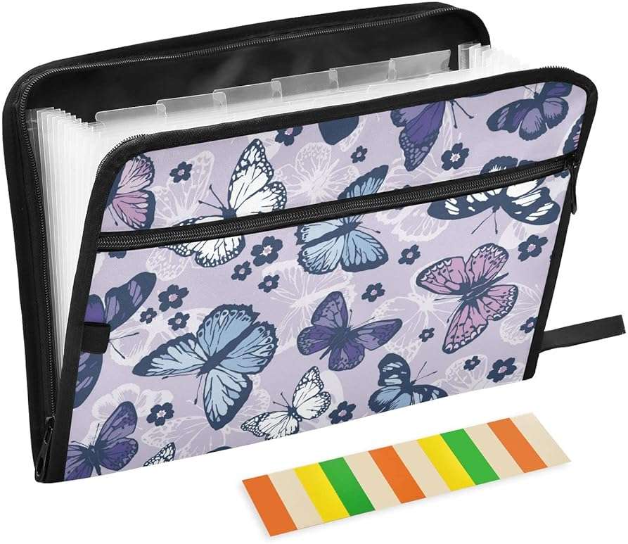 pnyoin Expanding File Folder,13 Pocket Accordion File Folders with Sticky Labels, A4 Letter Size Paper Document Organizer with Zipper Closure for Office School Boys Girls,Butterfly and Flower - Image 1