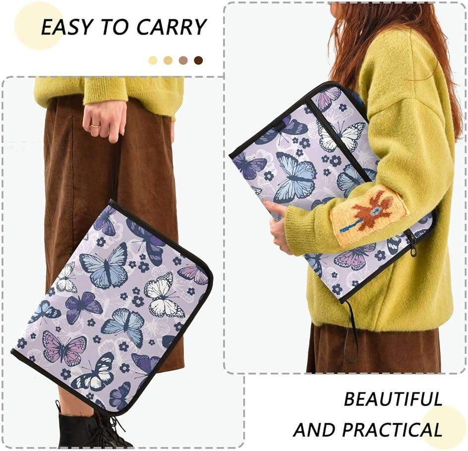 pnyoin Expanding File Folder,13 Pocket Accordion File Folders with Sticky Labels, A4 Letter Size Paper Document Organizer with Zipper Closure for Office School Boys Girls,Butterfly and Flower - Image 3