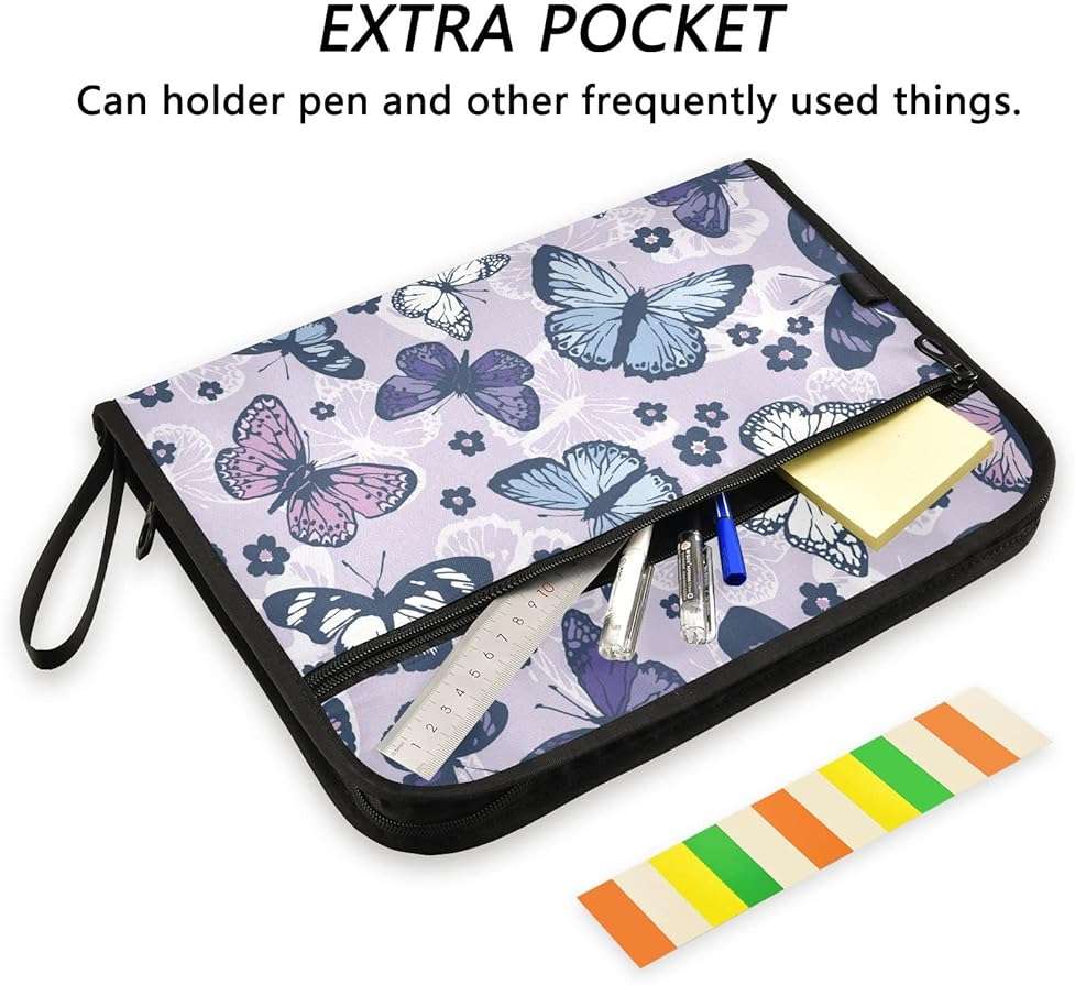 pnyoin Expanding File Folder,13 Pocket Accordion File Folders with Sticky Labels, A4 Letter Size Paper Document Organizer with Zipper Closure for Office School Boys Girls,Butterfly and Flower - Image 4